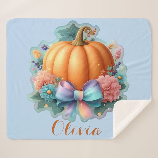 Cute Pumpkin with Flowers Personalised T-Shirt Sherpa Blanket (Front (Horizontal))