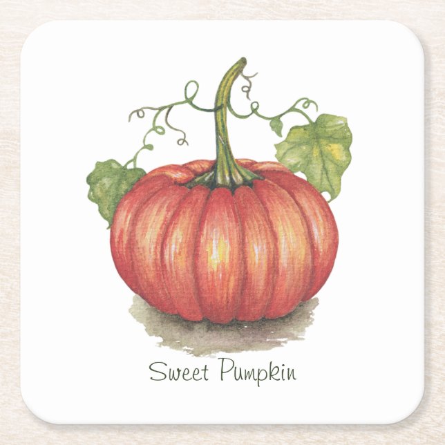 Cute Pumpkin With Vines In Watercolor Square Paper Coaster (Front)