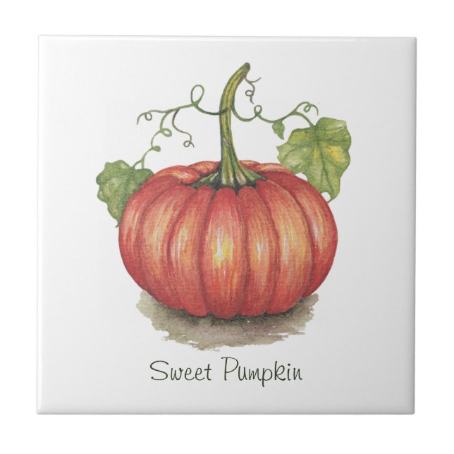 Cute Pumpkin With Vines In Watercolor Tile (Front)