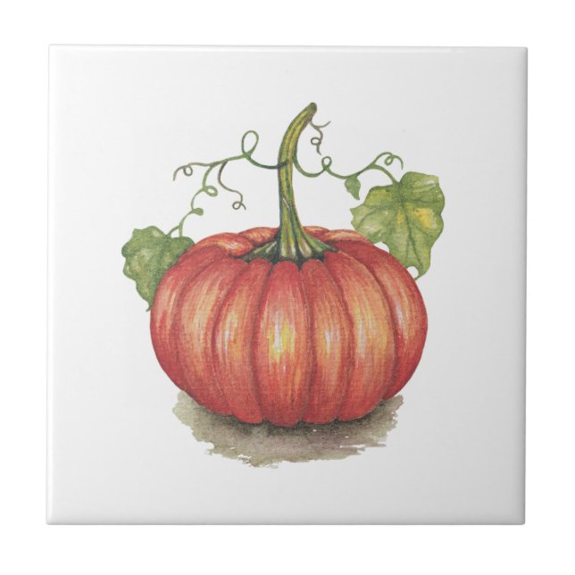 Cute Pumpkin With Vines In Watercolor Tile (Front)