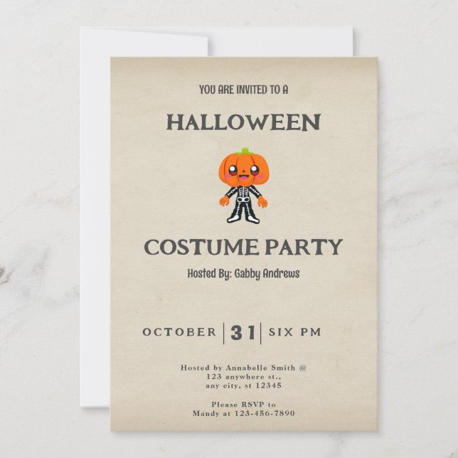 Cute Pumpkinhead Skeleton Vintage Halloween Invitation (Front)