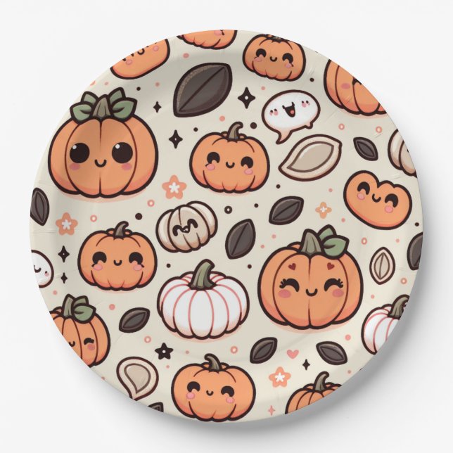 Cute Pumpkins and Pumpkin Seeds Halloween Party Paper Plate (Front)