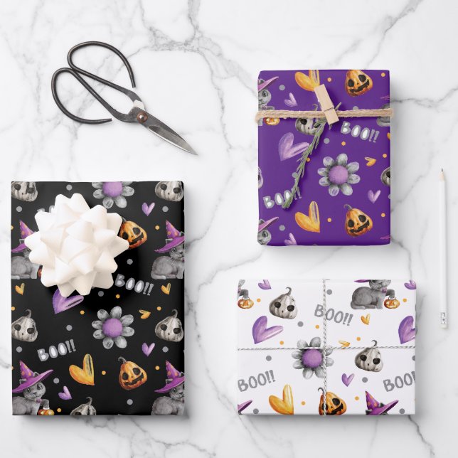 Cute pumpkins, cats and flowers boo Halloween Wrapping Paper Sheet (Front)