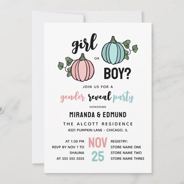 Cute Pumpkins Girl or Boy Gender Reveal Invitation (Front)