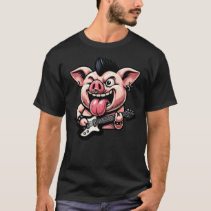 Cute Punk Pig, Rock'n Roll Goth Pork, Guitar Band  T-Shirt