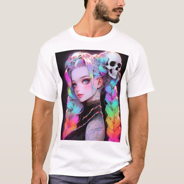 Cute Punk Rock Skull Goth Rainbow Braid Anime Girl T-Shirt (Front)