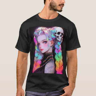 Cute Punk Rock Skull Goth Rainbow Braid Anime Girl T-Shirt