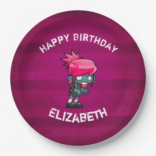 Cute Punk Rock Zombie Girl Happy Birthday Paper Plate (Front)
