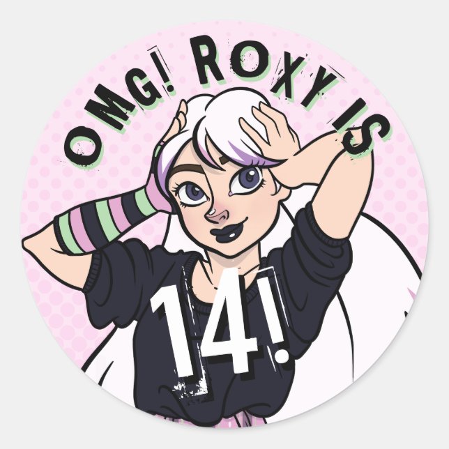 Cute Punk Teen Girl Pink Name 14th Birthday Classic Round Sticker (Front)
