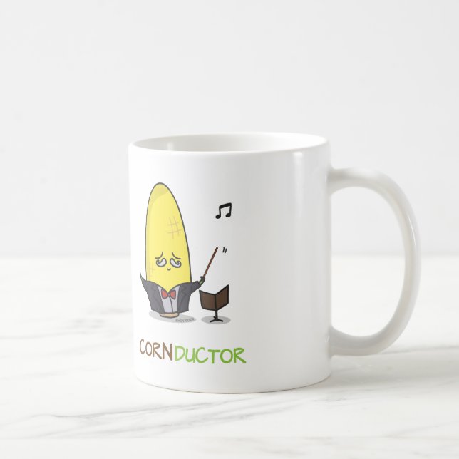 Cute Punny Cartoon Corn Conductor Coffee Mug (Right)