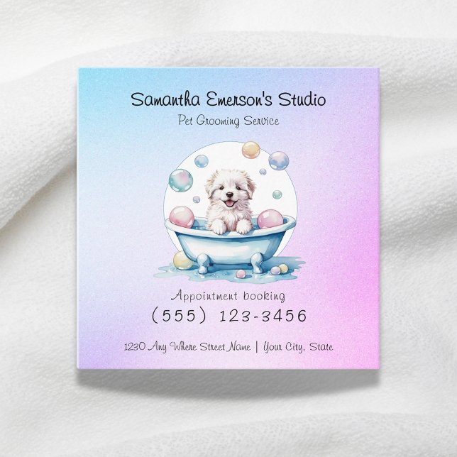 Cute pup dog grooming gradiant colour professional square business card (Creator Uploaded)