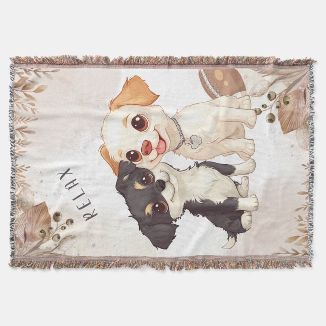 Cute Puppies and Football Design Throw Blanket (Front)