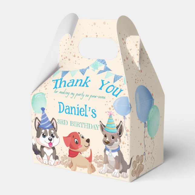 Cute puppies boys puppy party personalised favour box (Front Side)