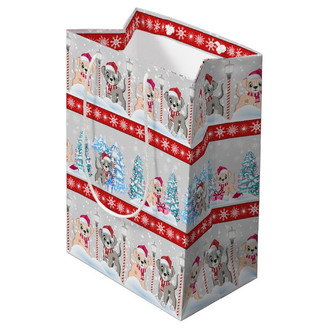 Cute Puppies Cartoons Snowy Christmas Holidays Medium Gift Bag (Back Angled)