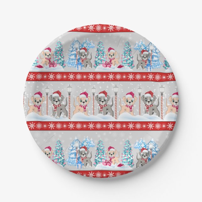 Cute Puppies Cartoons Snowy Christmas Holidays Paper Plate (Front)