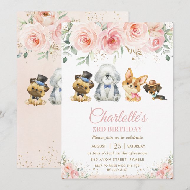 Cute Puppies Dogs Blush Pink Floral Girl Birthday Invitation (Front/Back)