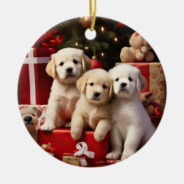 Cute Puppies Dogs Happy Holidays Christmas Ceramic Tree Decoration (Front)