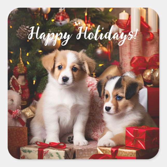 Cute Puppies Dogs Happy Holidays Christmas Square Sticker (Front)