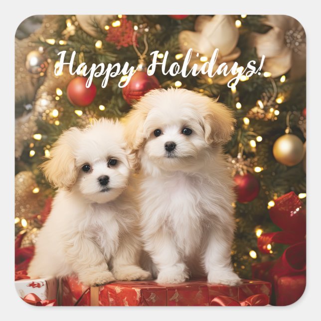 Cute Puppies Dogs Happy Holidays Christmas Square Sticker (Front)