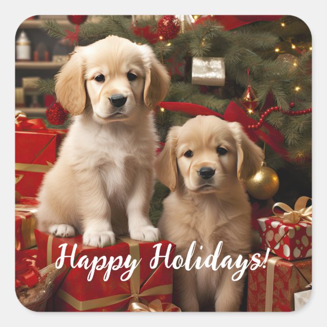 Cute Puppies Dogs Happy Holidays Christmas Square Sticker (Front)
