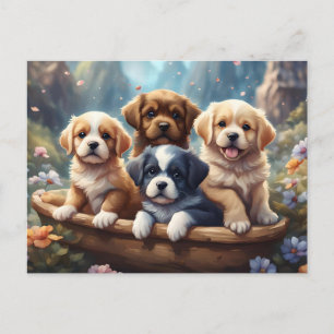 Cute puppies in a basket, custom postcard