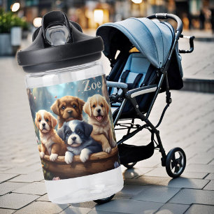 Cute puppies in a basket, personalizable water bottle
