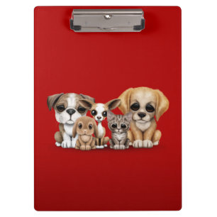 Cute Puppies, Kitten and Bunny Pet Portrait Red Clipboard