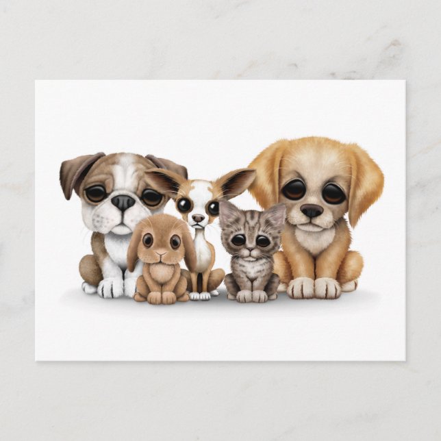 Cute Puppies, Kitten and Bunny Pet Portrait White Postcard (Front)