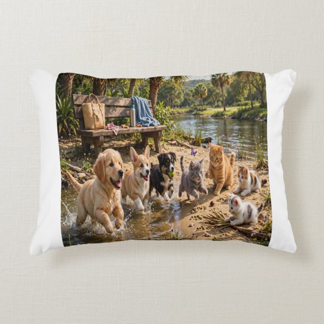 Cute Puppies & Kittens Riverside Accent Pillow (Front)