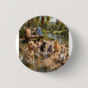 Cute Puppies & Kittens Riverside Adventure   3 Cm Round Badge