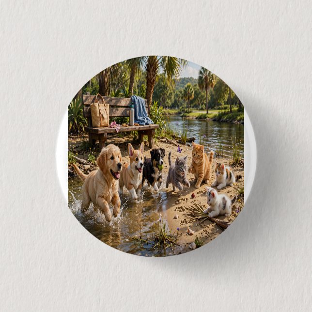 Cute Puppies & Kittens Riverside Adventure   3 Cm Round Badge (Front)
