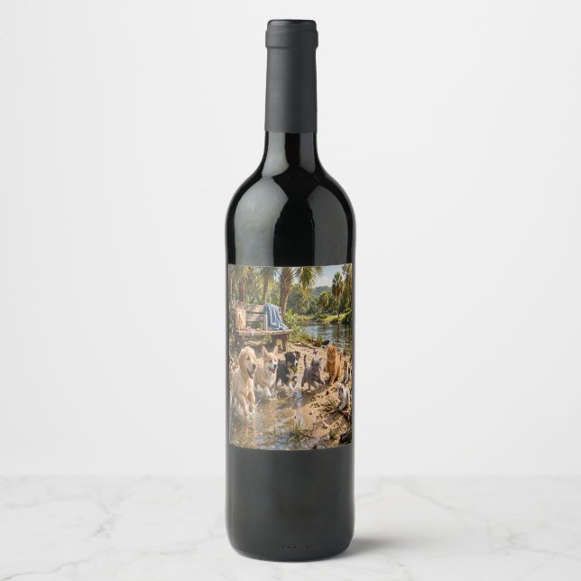 Cute Puppies & Kittens Riverside Adventure Address Wine Label (Front)