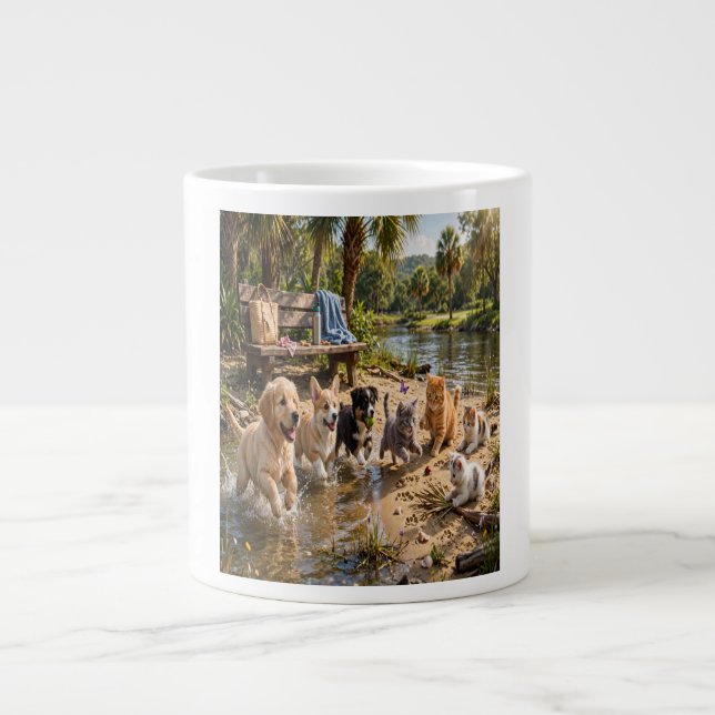 Cute Puppies & Kittens Riverside Adventure Bone Large Coffee Mug (Front)