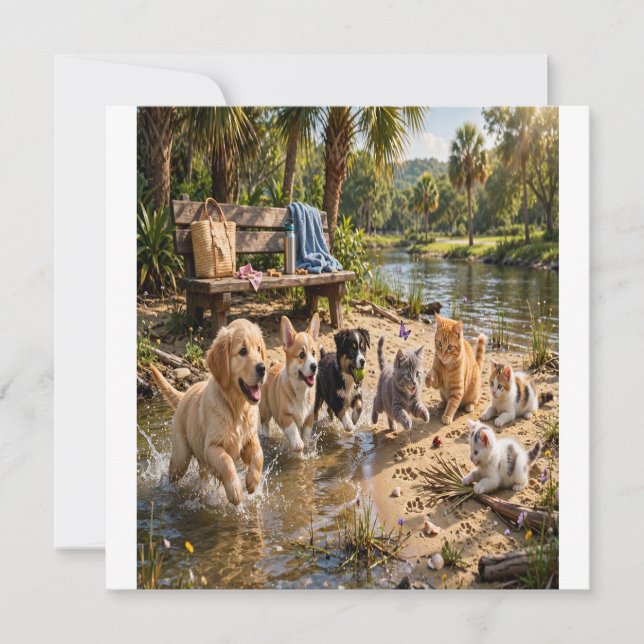 Cute Puppies & Kittens Riverside Adventure  Invitation (Front)