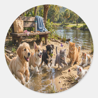 Cute Puppies & Kittens Riverside Adventure Round Classic Round Sticker