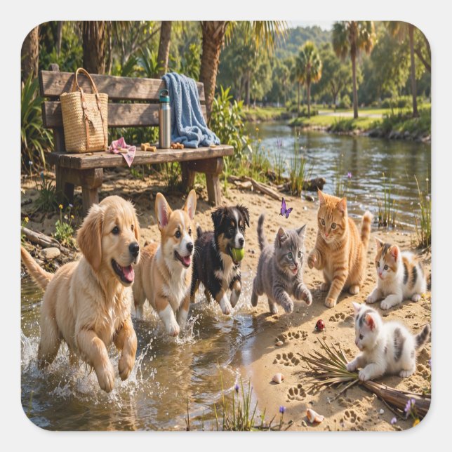 Cute Puppies & Kittens Riverside Adventure Sticker (Front)