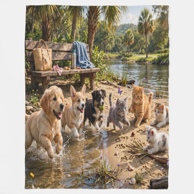 Cute Puppies & Kittens Riverside Fleece Blanket  (Front)