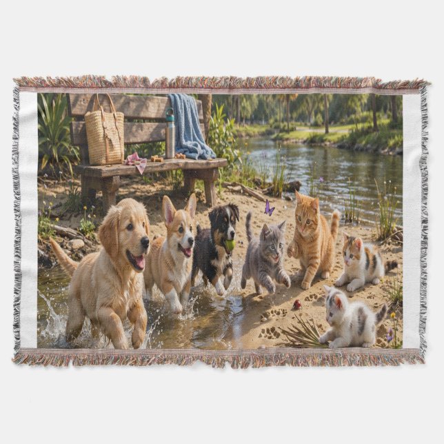 Cute Puppies & Kittens Riverside Throw Blanket  (Front)