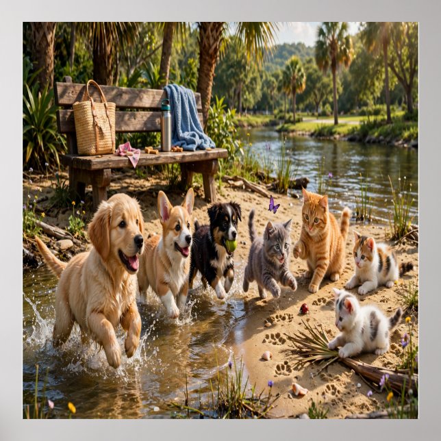 Cute Puppies & Kittens Riverside Wall  Poster (Front)