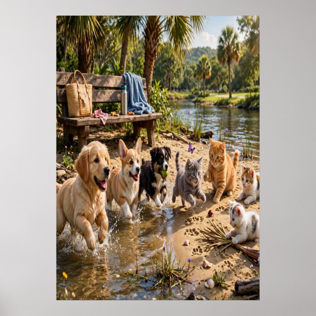 Cute Puppies & Kittens Riverside Wall  Poster (Front)