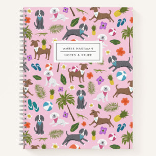 Cute Puppies Tropical Pattern   Pink Notebook