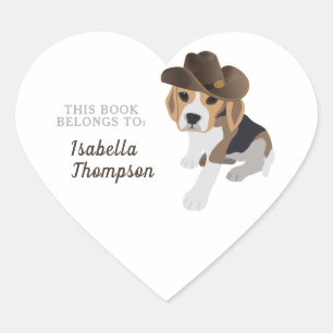 CUTE PUPPPY DOG BROWN COWBOY HAT NAMED BOOKPLATE HEART STICKER