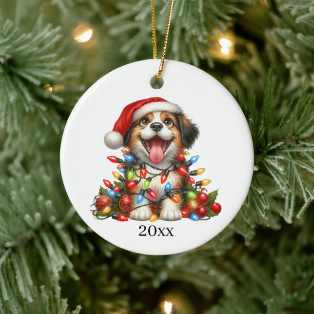 Cute puppy add date and message Christmas  Ceramic Tree Decoration (Tree)