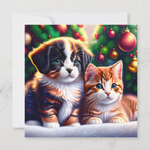 Cute puppy and cat under Christmas tree Holiday Card