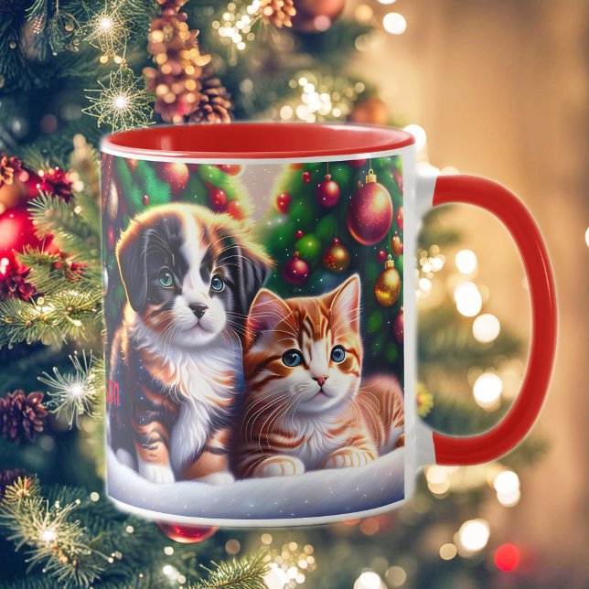 Cute puppy and cat under Christmas tree Mug (Creator Uploaded)