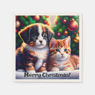Cute puppy and cat under Christmas tree Napkin