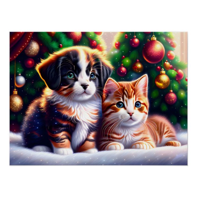 Cute puppy and cat under Christmas tree Poster (Front)