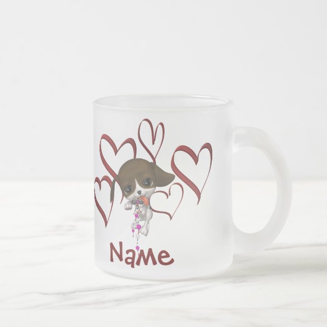 Cute Puppy And Hearts Name Frosted Glass Coffee Mug (Right)