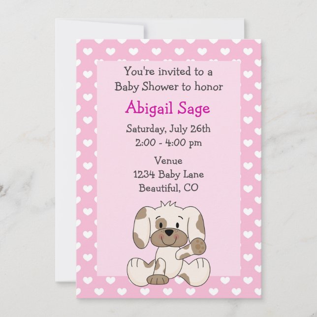 Cute Puppy and Hearts on Pink Girl's Baby Shower Invitation (Front)