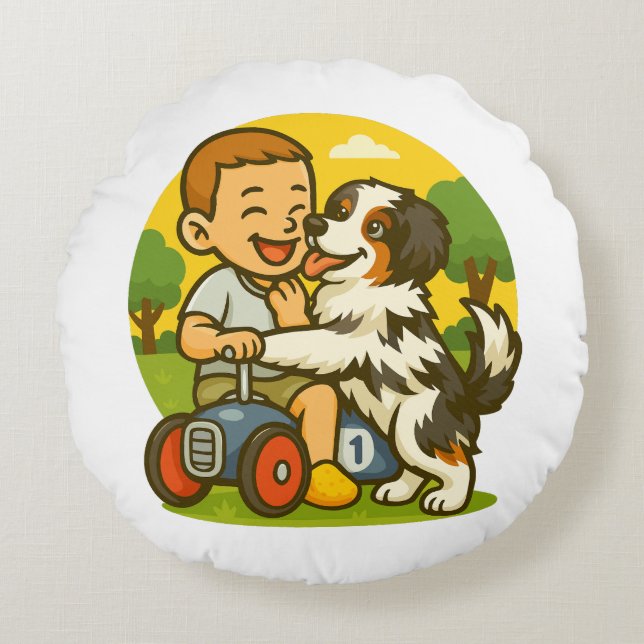 Cute Puppy and Kid Playtime Round Cushion (Front)